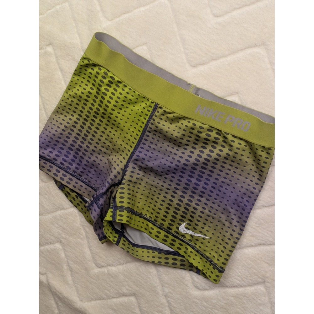 Nike Pro Dri-FIT Compression Shorts Lime Green Purple Dot Pattern Womens Small